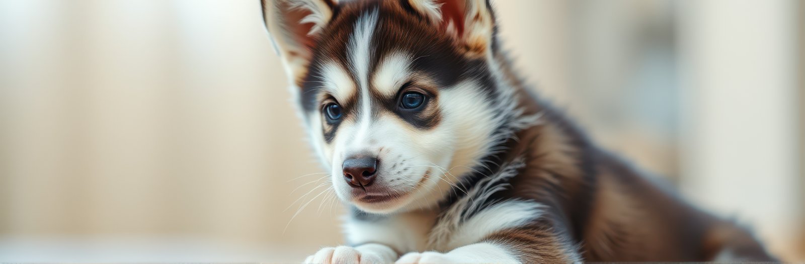 Cute husky puppy lying comfortably indoors, showcasing soft fur and playful expression in a warm and inviting atmosphere